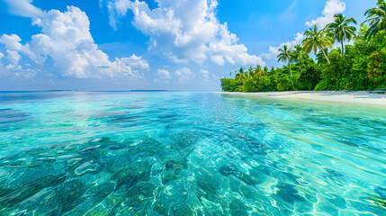 Fototapeta premium A serene tropical beach scene with clear turquoise water and lush greenery.