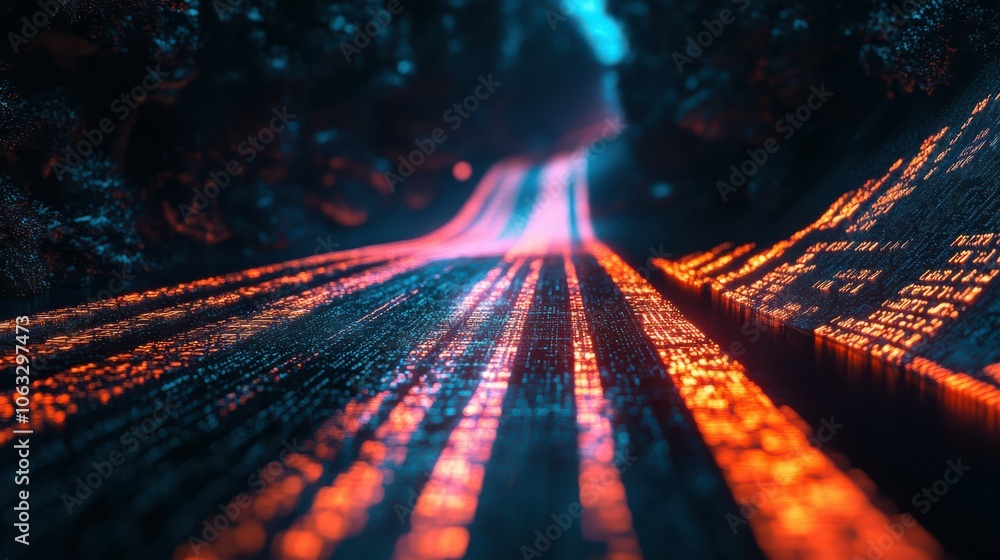 Poster sreaming data, binary data moving on a digital road - digital code road concept - 3d illustration\