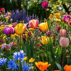 Obraz premium Spring blooming flowers in a vibrant garden