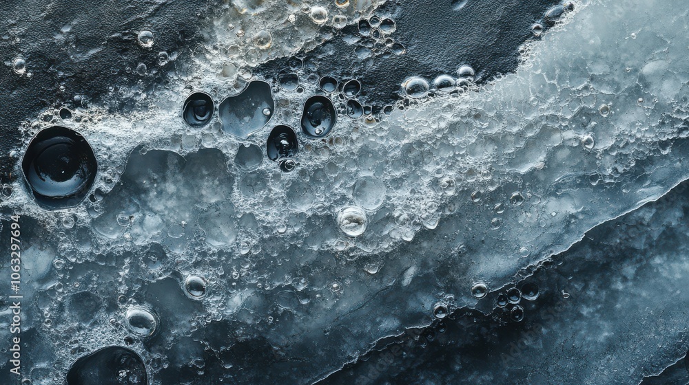Poster surface of a frozen pond with bubbles trapped under the ice, creating a unique, layered texture. 4k 