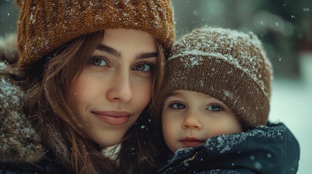Mother and child wearing winter hats, close-up family portrait, snow-covered outdoor background, cozy winter attire, bonding moment, loving relationship, warmth, motherly affection, holiday season