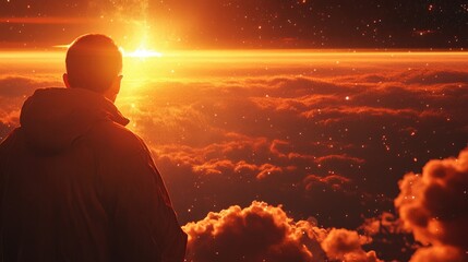 Obraz premium A person standing in front of the sun, with clouds beneath