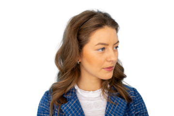 Dynamic professional woman directing attention with her gesture