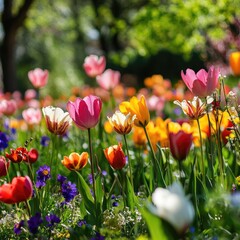 Obraz premium Spring blooming flowers in a vibrant garden 