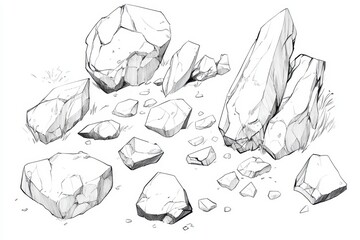Hand-Drawn Broken Pebbles in Natural Setting White Background