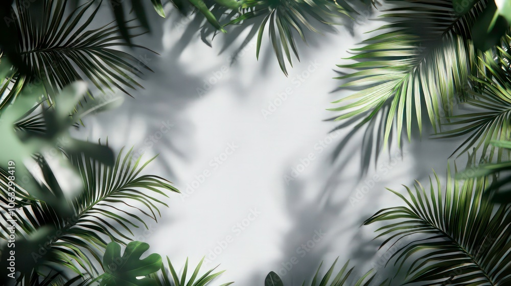 Aufkleber Shadow overlay effect on tropical leaves with transparent background, palm leaf shadows in 3D 3d rendering -
