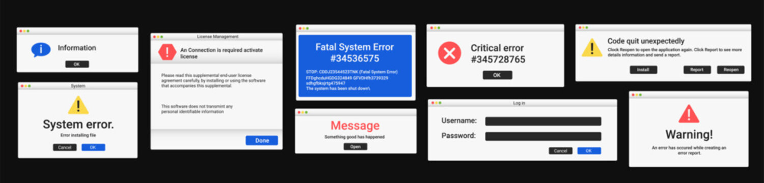 Set of error window messages in modern style. Warning notification pop up. Log in interface.