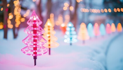 Colorful Christmas trees and holiday seasonal LED lights illuminated in snow-covered landscape, creating a festive winter ambiance.
