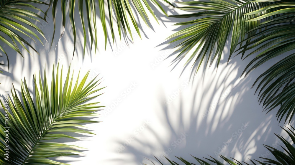 Poster a serene composition of palm leaves casting shadows against a light background.