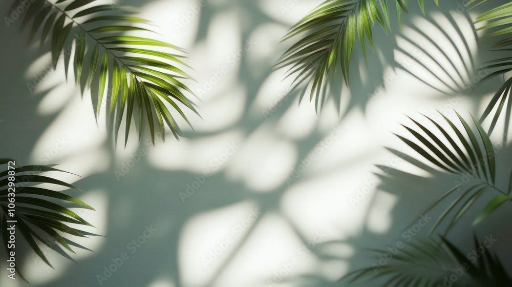 Poster a serene composition of palm leaves casting shadows on a light wall.