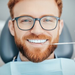 A smiling man in a dental chair, showcasing a bright smile during a check-up.
