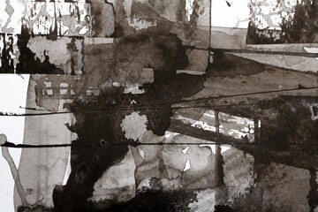 Fototapeta premium Thick Black and White Ink and Paint Splatters and Lines Abstract Background
