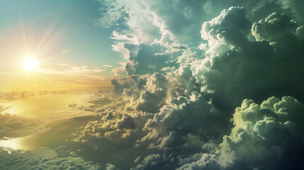 Dramatic cloudscape with glowing sun bursting through majestic storm clouds, conveying power and atmospheric energy