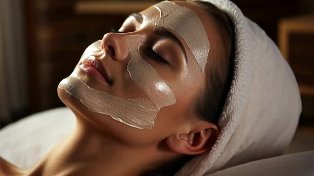 Close-up of a beautiful young woman getting a gua sha facial massage. Spa treatments. Cosmetic skin care. 
