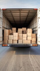 Cargo Delivery Truck Logistics, Open Doors Holding Cardboard Boxes, Shipping Service Concept.