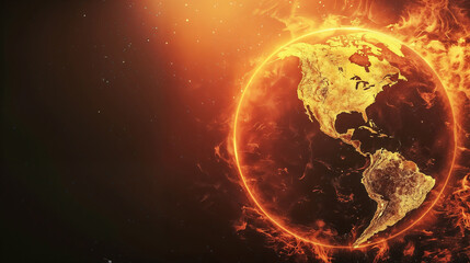 Burning planet Earth viewed from space showing North and South America continents illuminated in golden light, surrounded by fierce cosmic flames and dark starry background for an epic wallpaper