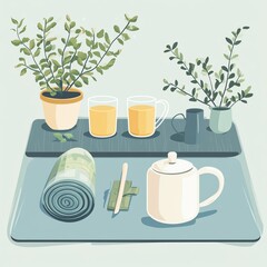Cozy home workout setup, yoga mat, herbal tea, winter wellness, flat design illustration
