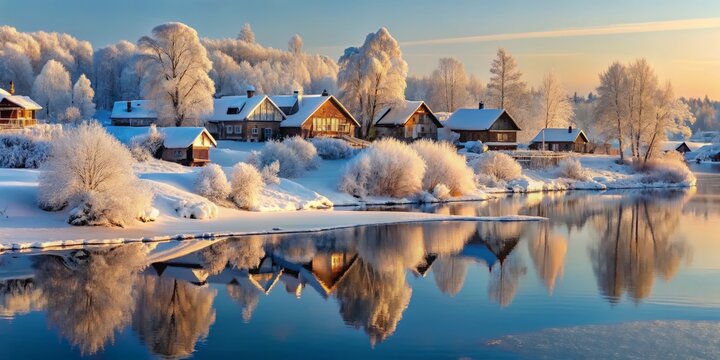 Winter Wonderland: A Snow-Covered Village by the Frozen River Svir Meeting Lake Ladoga in Russia's Picturesque Landscape