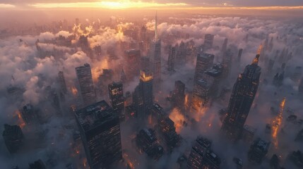 Majestic aerial view of a sprawling cityscape at dawn, with skyscrapers piercing through a blanket of fog, illuminated by the soft, warm glow of the rising sun. 4K hyperrealistic photo.