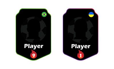 Blank soccer player cards with Brazil and Ukraine flags, rating numbers, and flame icons on black background