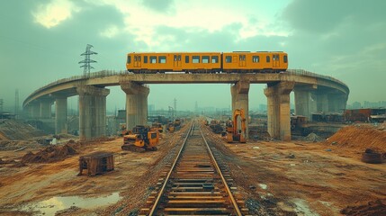 A yellow train travels on a newly built overpass bridge in a construction zone.