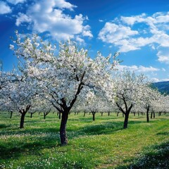 Fototapeta premium Spring orchard with fruit trees in full blossom