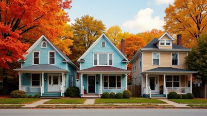 Midwest row of houses set on a peaceful, tree-lined street, featuring autumn colors and inviting porches