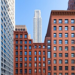 Fototapeta premium Urban scene featuring contrasting architectural styles with a skyscraper backdrop.