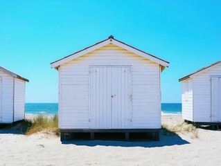 Naklejka premium Seaside shacks in rows on sandy beach.