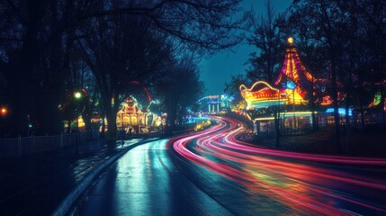 Naklejka premium The road to the amusement park, beautiful lights.