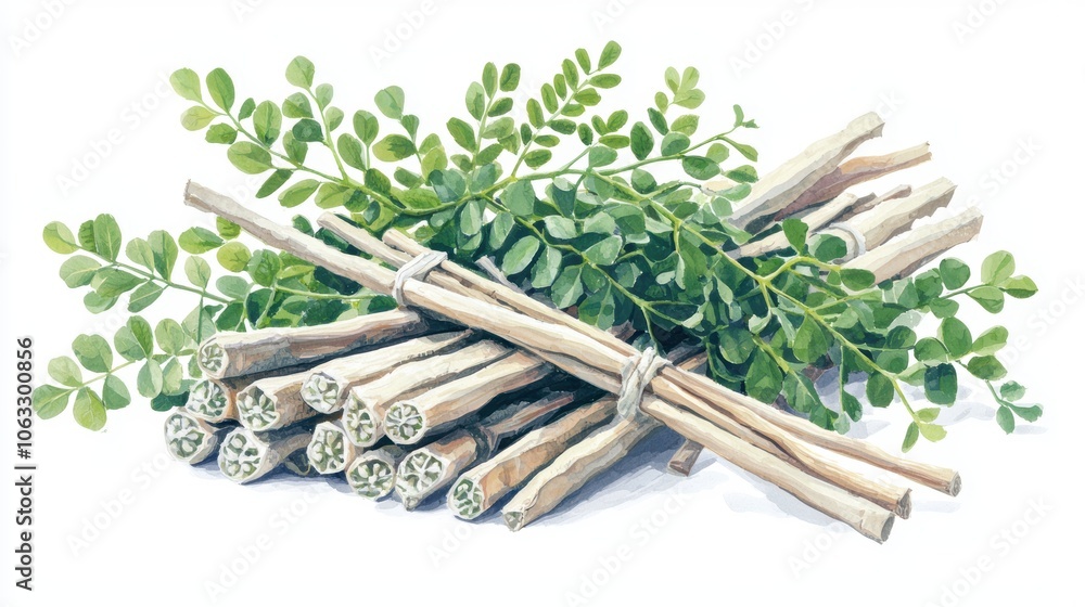 Wall mural moringa plant with seed pods and leaves white background