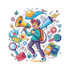 Illustration of a boy holding a large megaphone, surrounded by chaotic social media and digital elements