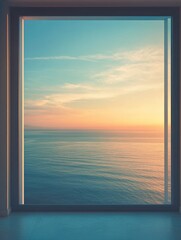 A view of the ocean from a window during sunset.