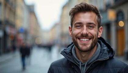 Fototapeta premium Engaging Young Man Smiling Joyfully in Urban Street Setting Captured in Vibrant Image