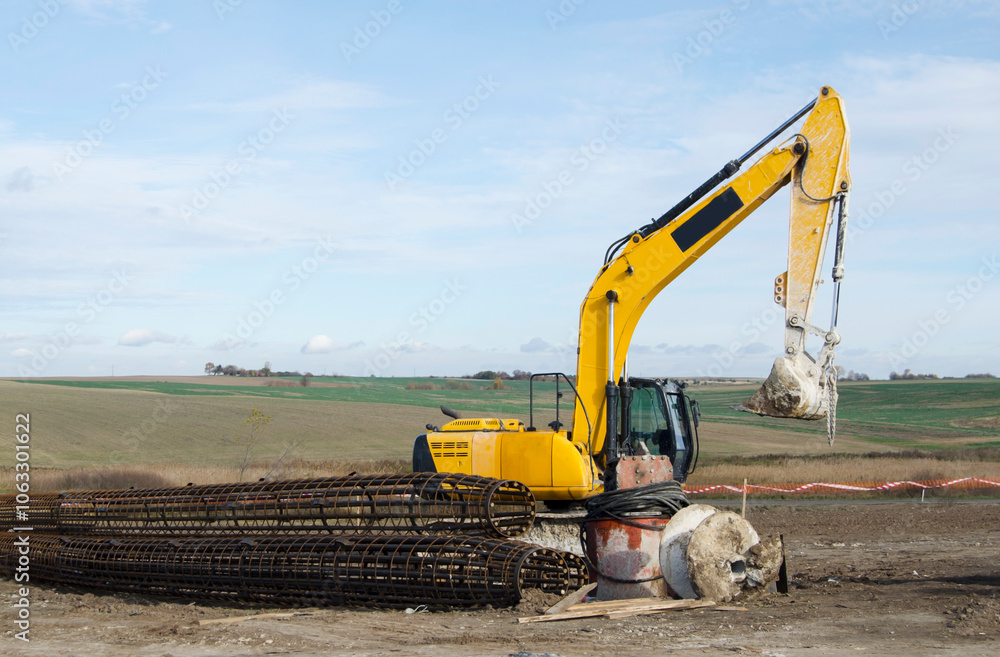 Wall mural Excavator and other construction equipment.Building activity on contruction site.