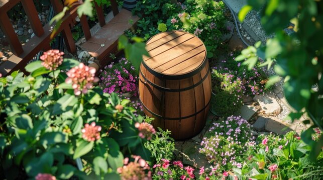 A wooden barrel repurposed as a charming garden planter, complete with flowers growing around it. Ideal for any home garden or patio space.