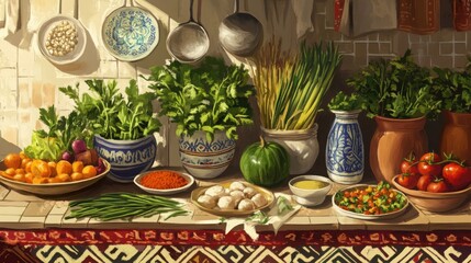 Fototapeta premium Uzbek kitchen scene with fresh herbs, vegetables, and spices used for traditional recipes