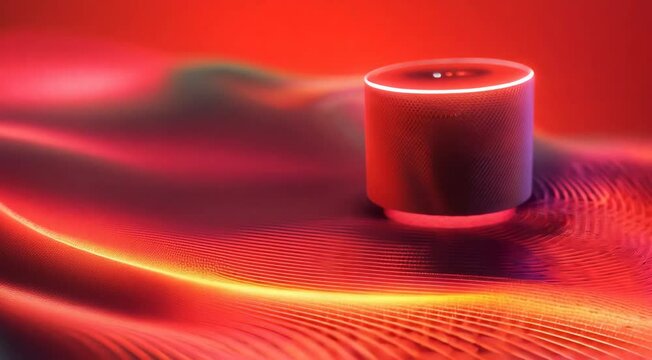 Red smart speaker against abstract waves
