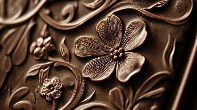 Close-up of a rich dark chocolate bar with intricate details and patterns. Handmade сonfectionery. Macro shot.