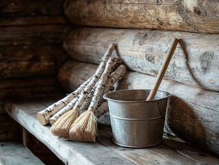 A broom and shovel set on a wooden table inside a rustic log cabin, ready for use to sweep or shovel dirt.