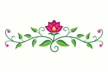 Elegant Floral Divider with Pink Flower and Green Leaves for Decorative Designs. Abstract Background.