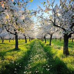Obraz premium Spring orchard with fruit trees in full blossom 