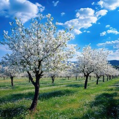 Spring orchard with fruit trees in full blossom 