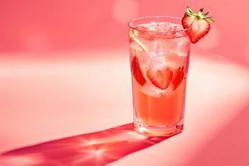 Refreshing Strawberry and Lemon Drink with Ice in Tall Glass