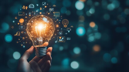 Hand holding a glowing light bulb with icons