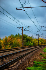 Fototapeta premium Railway road at autumn evening with autumn colors.Railroad near the forest with powerlines over the trees.Clouds in the sky,photography in the rainy weather .Landscape photo with train on the rails