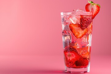 Strawberry and Ice Refreshing Summer Drink in a Glass