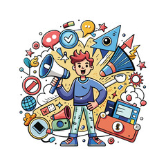 Illustration of a boy holding a large megaphone, surrounded by chaotic social media and digital elements