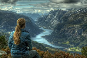 Naklejka premium Woman sits atop mountain, looking out at valley below
