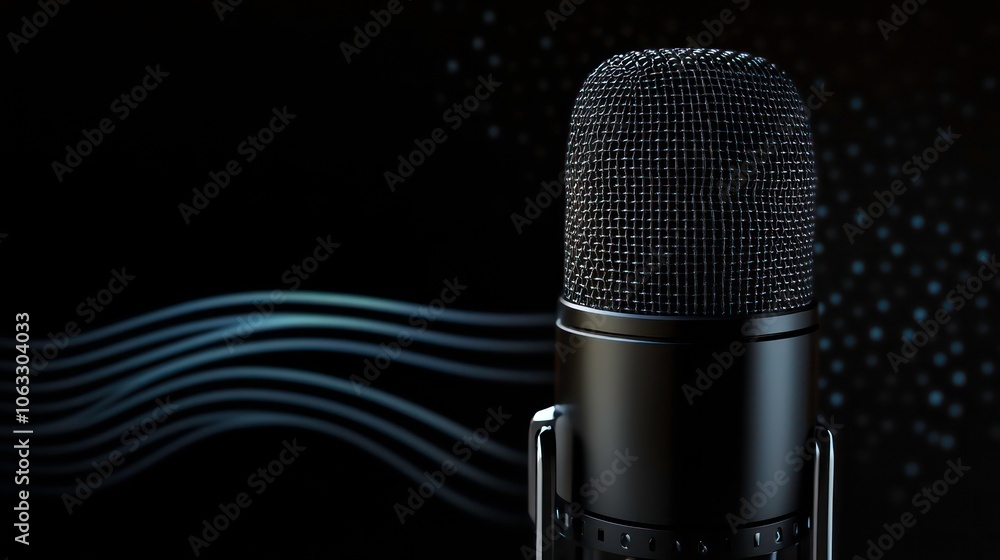 Poster A close-up of a microphone against a dark background with sound waves.